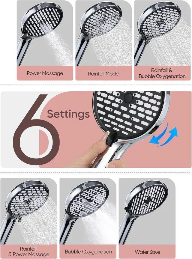 Alt view image 3 of 7 - Cobbe 11.8 Inch Rain Shower Head with Handheld - Adjustable Dual Shower Heads with 6 Modes Handheld Spray Combo - Wide Rainfall Showerhead with Hose, Bathroom Accessories - Chrome