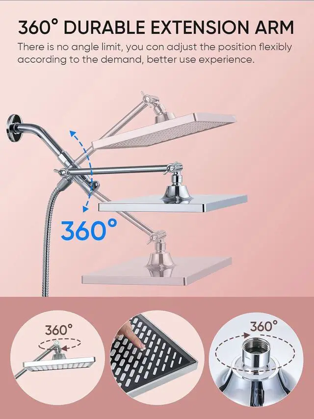 Alt view image 7 of 7 - Cobbe 11.8 Inch Rain Shower Head with 6 Modes Handheld Water SprayHigh Pressure Showerhead Combo with 11 Inch Adjustable Extension Arm, Chrome