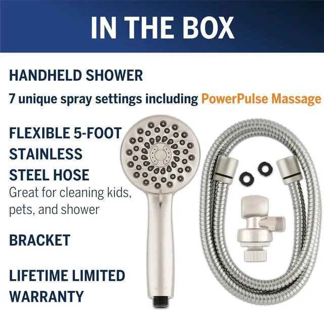 Alt view image 3 of 7 - Waterpik High Pressure Hand Held Shower Head With Hose, PowerPulse Massage 7-Mode, Brushed Nickel XPB-769ME