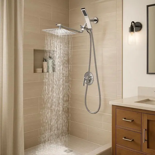 Alt view image 5 of 7 - All Metal 8 Inch Dual Square Shower Head with Handheld Spray Combo Rain Shower Head Adjustable Extension Arm Smooth 3-Way Diverter 71 Inch Extra Long Hose - A Bathroom Upgrade (Chrome)