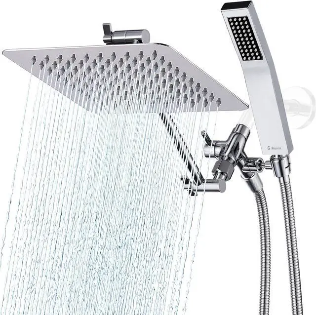Main image of All Metal 8 Inch Dual Square Shower Head with Handheld Spray Combo Rain Shower Head Adjustable Extension Arm Smooth 3-Way Diverter 71 Inch Extra Long Hose - A Bathroom Upgrade (Chrome)