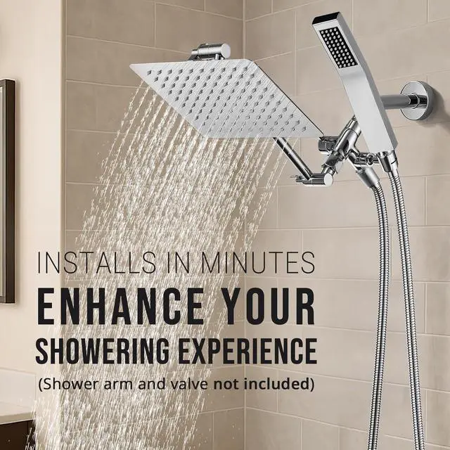 Alt view image 2 of 7 - All Metal 8 Inch Dual Square Shower Head with Handheld Spray Combo Rain Shower Head Adjustable Extension Arm Smooth 3-Way Diverter 71 Inch Extra Long Hose - A Bathroom Upgrade (Chrome)