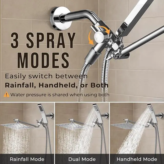Alt view image 3 of 7 - All Metal 8 Inch Dual Square Shower Head with Handheld Spray Combo Rain Shower Head Adjustable Extension Arm Smooth 3-Way Diverter 71 Inch Extra Long Hose - A Bathroom Upgrade (Chrome)