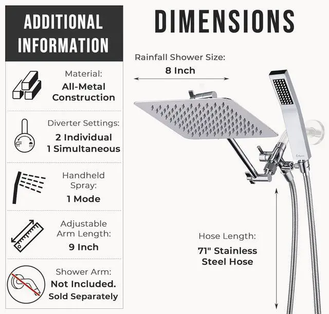 Alt view image 6 of 7 - All Metal 8 Inch Dual Square Shower Head with Handheld Spray Combo Rain Shower Head Adjustable Extension Arm Smooth 3-Way Diverter 71 Inch Extra Long Hose - A Bathroom Upgrade (Chrome)