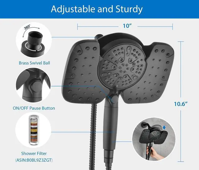 Alt view image 5 of 7 - Black Shower Heads with Handheld Spray Combo 2.5GPM: 10 Rainfall Shower Head & Detachable Shower Head, 9 Spray Settings Handheld Shower Head with ON/OFF Switch and 15-Stage Filter