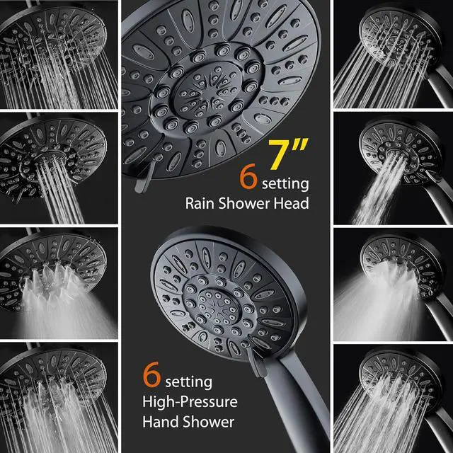 Alt view image 3 of 6 - AquaDance 7" Premium High Pressure 3-Way Rainfall Combo for The Best of Both Worlds - Enjoy Luxurious Rain Showerhead and 6-Setting Hand Held Shower Separately or Together - Matte Black Finish