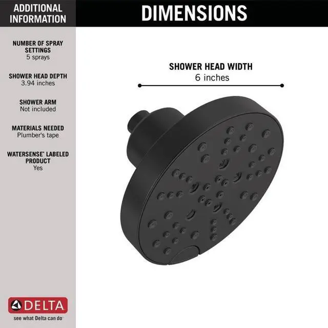 Alt view image 4 of 6 - Delta 52668-BL UniversalShoweringComponents H2Okinetic 5-Setting Raincan Shower Head, Matte Black
