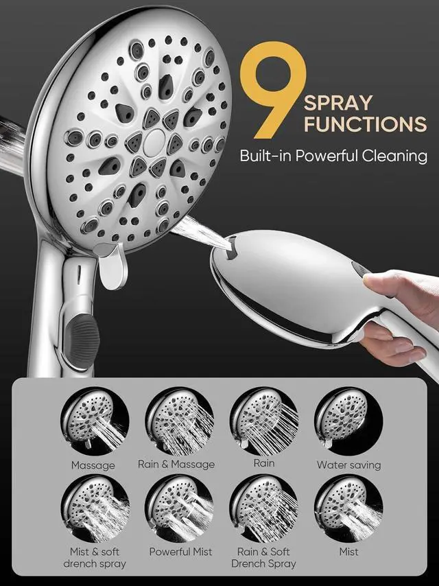 Alt view image 5 of 7 - High Pressure 9 Functions Shower Head with handheld - Luxury Modern Chrome Look Built-in Power Spray to Clean Corner Tub and Pets Stainless Steel Hose Adjustable Bracket Chrome