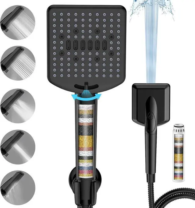 Main image of Filtered Shower Head with Handheld Matte Black - High Pressure 6 Modes, 120 Anti-clog Nozzles, Detachable Showerhead with Hard Water Filters, Extra Long 6ft Hose, Power Wash Mode for Bathroom