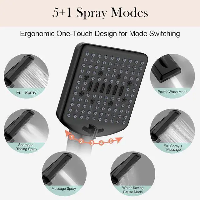 Alt view image 5 of 6 - Filtered Shower Head with Handheld Matte Black - High Pressure 6 Modes, 120 Anti-clog Nozzles, Detachable Showerhead with Hard Water Filters, Extra Long 6ft Hose, Power Wash Mode for Bathroom