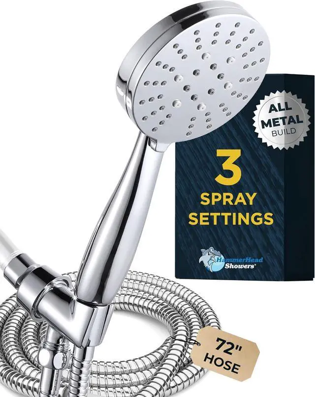 Main image of HammerHead Showers® ALL METAL 3-Spray Handheld Shower Head with Long Hose and Holder - CHROME - 2.5 GPM High Pressure Shower Head with Handheld Sprayer - WIDE, MASSAGE, and MIST Sprays