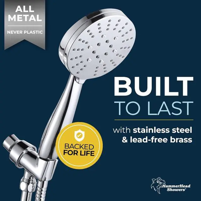 Alt view image 2 of 7 - HammerHead Showers® ALL METAL 3-Spray Handheld Shower Head with Long Hose and Holder - CHROME - 2.5 GPM High Pressure Shower Head with Handheld Sprayer - WIDE, MASSAGE, and MIST Sprays