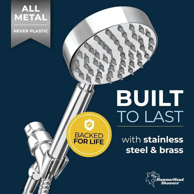 Alt view image 2 of 7 - HammerHead Showers® ALL METAL Handheld Shower Head with Hose and Brass Holder - CHROME - 2.5 GPM High Pressure Shower Heads with Adjustable Shower Wand Bracket - 6ft Flexible Extension