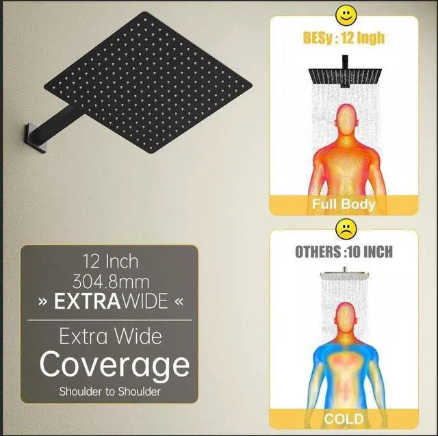 Alt view image 4 of 7 - BESy 12 Inch Rain Shower Head, 12" Square Rainfall & High Pressure Stainless Steel Bath Showerhead, 1/16" Ultra Thin, Waterfall Full Body Coverage with Silicone Nozzle, Matte Black Finish