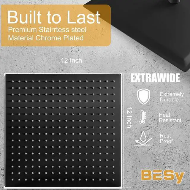 Alt view image 6 of 7 - BESy 12 Inch Rain Shower Head, 12" Square Rainfall & High Pressure Stainless Steel Bath Showerhead, 1/16" Ultra Thin, Waterfall Full Body Coverage with Silicone Nozzle, Matte Black Finish
