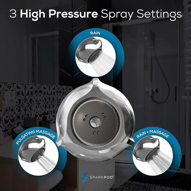 Alt view image 5 of 7 - SparkPod 3-Inch Extreme High Pressure Shower Heads - Pressure Boosting with Rain, Massage & Pulsating Mode, Powerful Water-Saving Showerhead - 2.5 GPM Fixed Shower Head (Polished Chrome)