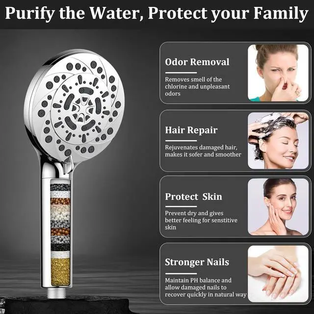 Alt view image 2 of 7 - Filtered Shower Head with Handheld High Pressure 5 Spray Modes Showerhead with Hose Bracket and 15 Stages Water Softener Filters Beads for Hard Water Remove Chlorine and Harmful Substance