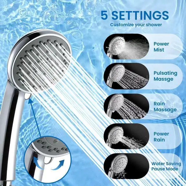 Alt view image 2 of 6 - Shower Head 5 Function High Pressure Handheld ShowerHead with Shower Hose and Adjustable Bracket Velynda