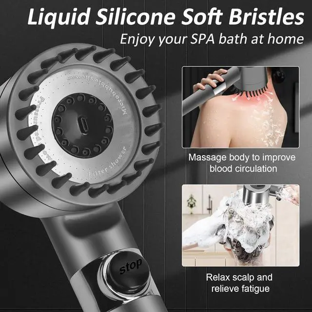 Alt view image 2 of 7 - Luxsego High Pressure Shower Heads with Scalp Massager Shampoo Brush for Skin & Hair Care, Filtered Shower Head with Handheld Sprayer Soften Hard Water, 3 Settings 4 in 1 Detachable Showerhead Set