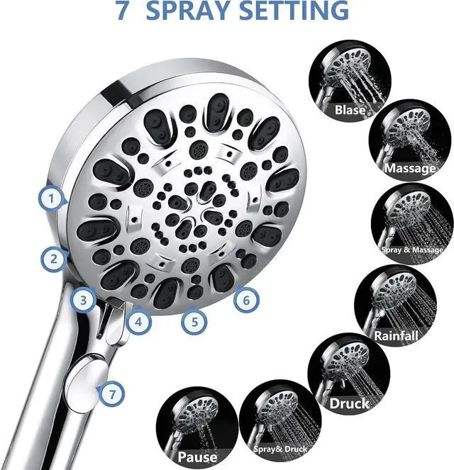 Alt view image 2 of 6 - Shower Head with Handheld 7 Spray Combo,Hand Held Showerhead with On/Off Switch,High Pressure Detachable Shower Heads with 60" Long Hose (Chrome)