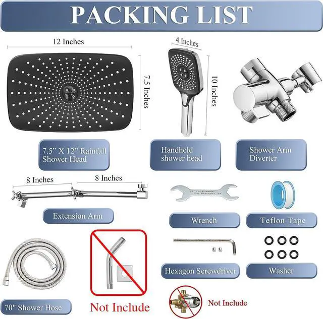 Alt view image 2 of 7 - 12 Inch Shower Head With Handheld Combo, High-Pressure Rain/Rainfall Shower Heads With 3+1 Settings Handheld Spray, Including 3-Way Diverter, Extension Arm - Height/Angle Adjustable(Chrome)