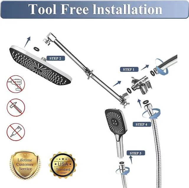 Alt view image 3 of 7 - 12 Inch Shower Head With Handheld Combo, High-Pressure Rain/Rainfall Shower Heads With 3+1 Settings Handheld Spray, Including 3-Way Diverter, Extension Arm - Height/Angle Adjustable(Chrome)