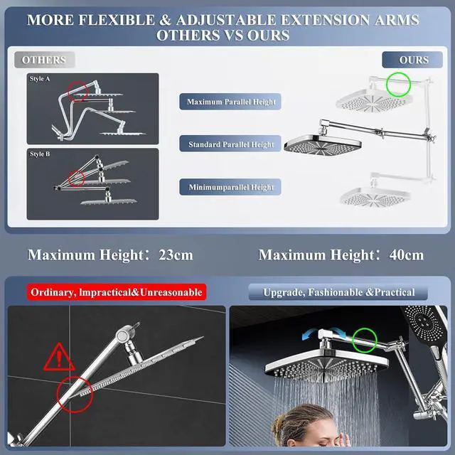 Alt view image 5 of 7 - 12 Inch Shower Head With Handheld Combo, High-Pressure Rain/Rainfall Shower Heads With 3+1 Settings Handheld Spray, Including 3-Way Diverter, Extension Arm - Height/Angle Adjustable(Chrome)