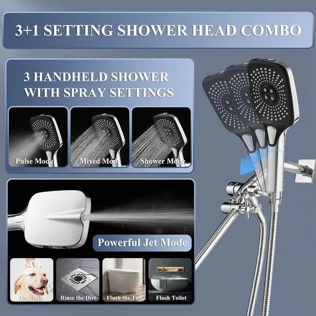 Alt view image 6 of 7 - 12 Inch Shower Head With Handheld Combo, High-Pressure Rain/Rainfall Shower Heads With 3+1 Settings Handheld Spray, Including 3-Way Diverter, Extension Arm - Height/Angle Adjustable(Chrome)