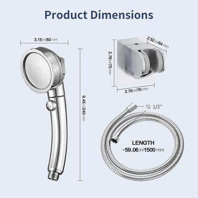 Alt view image 2 of 7 - HANLIAN High Pressure Shower Head with Pause Button, 3 Spray Modes Shower Head for RV Camper, Water Saving On Off Shower, Handheld Shower Head with Hose and Adjustable Self-adhesive Holder (Chrome)