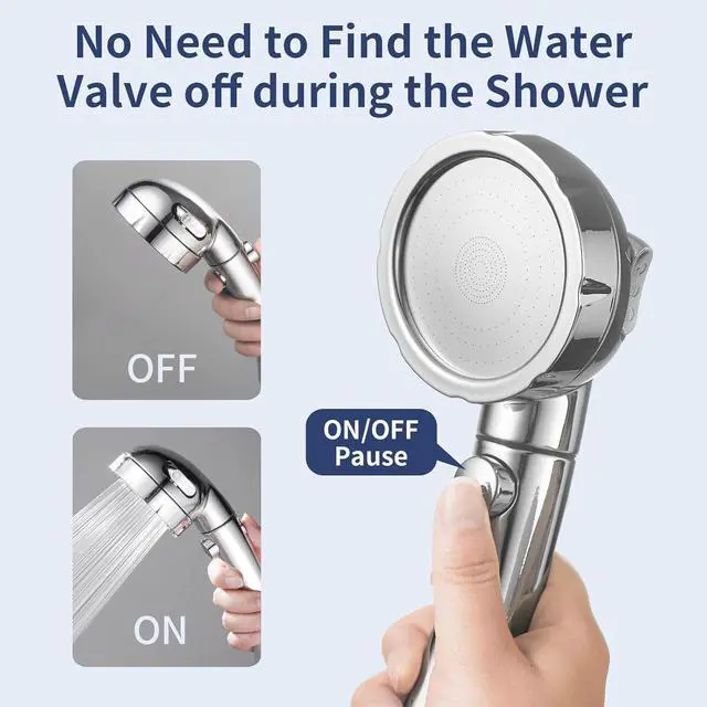 Alt view image 4 of 7 - HANLIAN High Pressure Shower Head with Pause Button, 3 Spray Modes Shower Head for RV Camper, Water Saving On Off Shower, Handheld Shower Head with Hose and Adjustable Self-adhesive Holder (Chrome)
