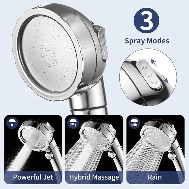 Alt view image 5 of 7 - HANLIAN High Pressure Shower Head with Pause Button, 3 Spray Modes Shower Head for RV Camper, Water Saving On Off Shower, Handheld Shower Head with Hose and Adjustable Self-adhesive Holder (Chrome)