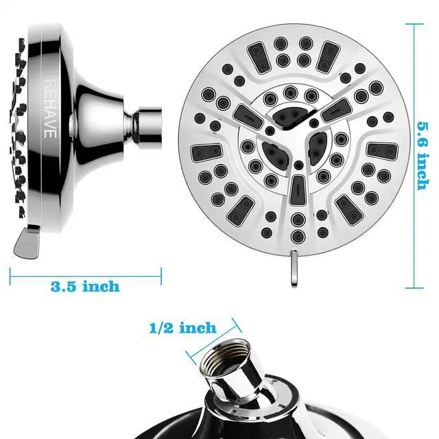 Alt view image 3 of 7 - REHAVE 5.1-Inch Rainfall Shower Head with 63 Jets, 8 Spray Modes - Chrome Finish, Brass Angle-Adjustable, Anti-Clogging Silicone Nozzles