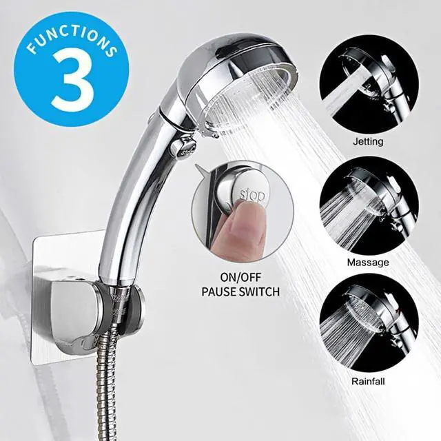 Alt view image 2 of 6 - KAIYING Drill-Free High Pressure Handheld Shower Head with ON/OFF Pause Switch 3 Spray Modes Water Saving Showerhead, Detachable Puppy Shower Accessories (M:Shower Head (Chrome)+Bracket+Hose)