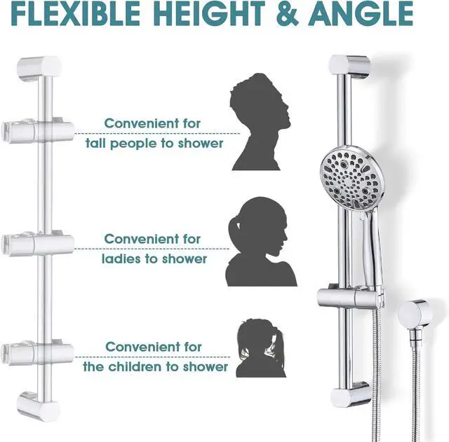 Alt view image 3 of 7 - Hand Shower with Slide Bar, High Pressure 10 Setting Handheld Shower Head, Adjustable Height 24" Slide Bar, Wall Supply Elbow and 6.6ft Extra Long Shower Hose - Chrome