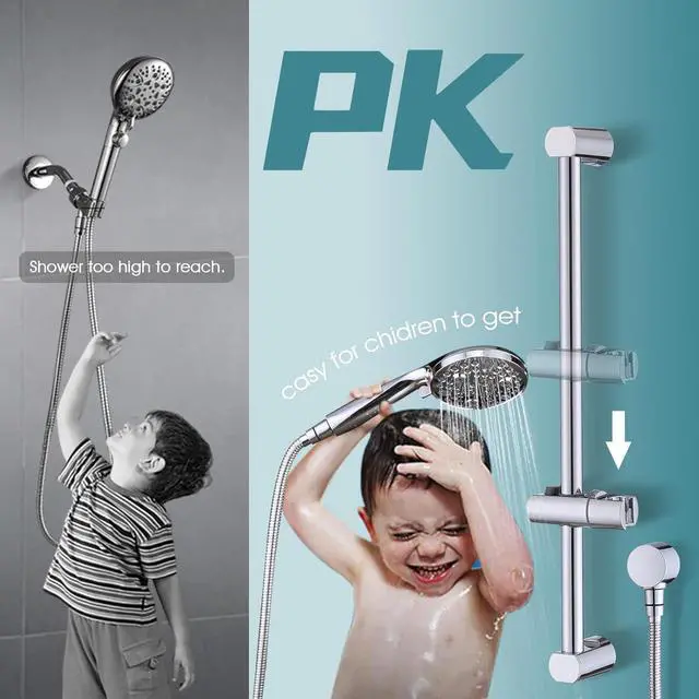 Alt view image 4 of 7 - Hand Shower with Slide Bar, High Pressure 10 Setting Handheld Shower Head, Adjustable Height 24" Slide Bar, Wall Supply Elbow and 6.6ft Extra Long Shower Hose - Chrome