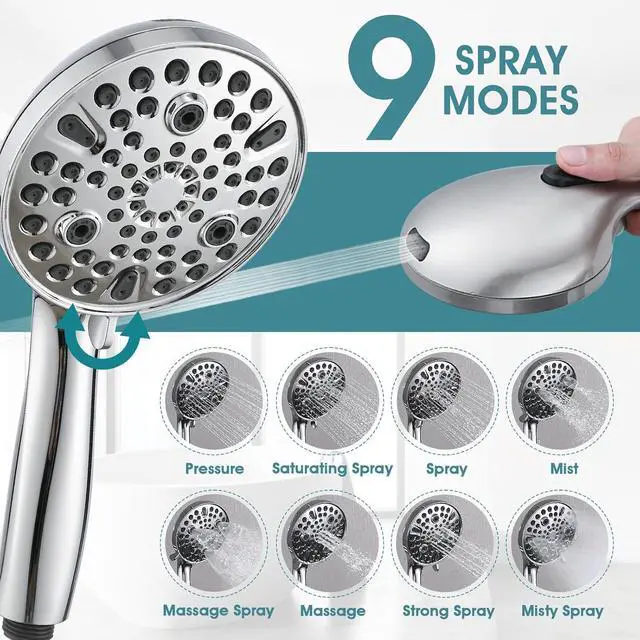 Alt view image 5 of 7 - Hand Shower with Slide Bar, High Pressure 10 Setting Handheld Shower Head, Adjustable Height 24" Slide Bar, Wall Supply Elbow and 6.6ft Extra Long Shower Hose - Chrome