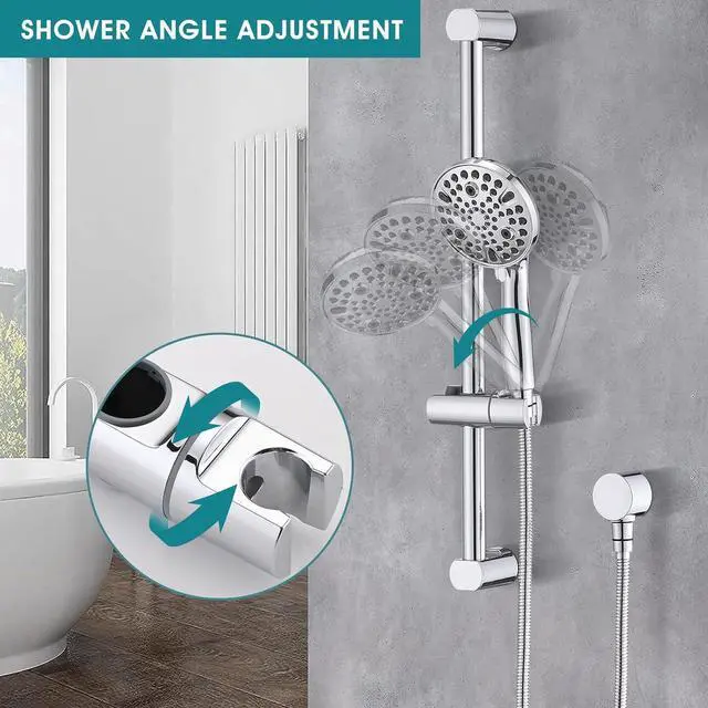 Alt view image 7 of 7 - Hand Shower with Slide Bar, High Pressure 10 Setting Handheld Shower Head, Adjustable Height 24" Slide Bar, Wall Supply Elbow and 6.6ft Extra Long Shower Hose - Chrome