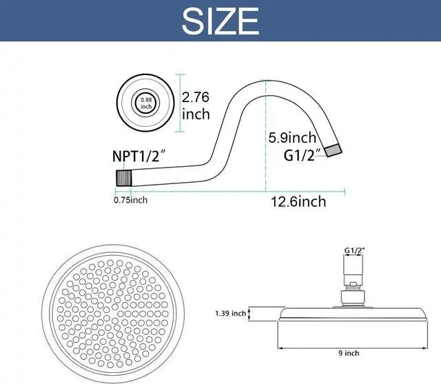Alt view image 2 of 7 - Antique Brass Rain Shower Head, 9" Vintage Shower Heads with Extension Curved Shower Arm, Traditional Round Rainfall Showerhead Replacement for Shower System