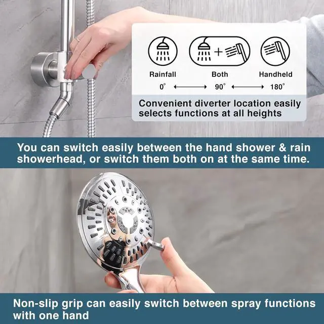 Alt view image 4 of 7 - BRIGHT SHOWERS Rain Shower Heads System Including 9 Inch Rainfall Shower Head and Handheld Shower Head with Height Adjustable Holder, Solid Brass Rail and 60 Inch Long Stainless Steel Shower Hose