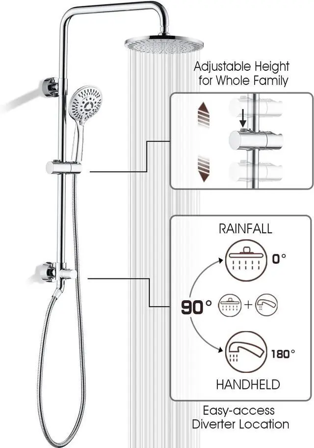 Alt view image 7 of 7 - BRIGHT SHOWERS Rain Shower Heads System Including 9 Inch Rainfall Shower Head and Handheld Shower Head with Height Adjustable Holder, Solid Brass Rail and 60 Inch Long Stainless Steel Shower Hose