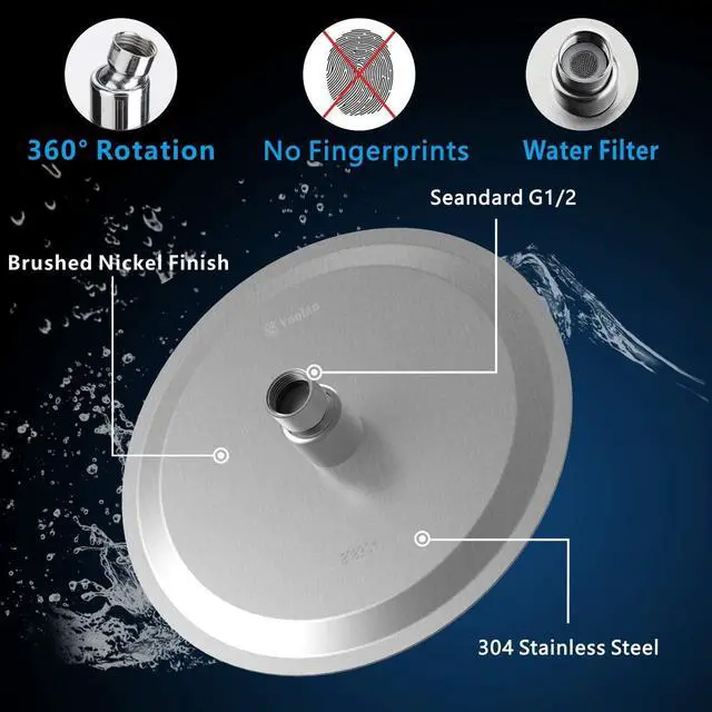 Alt view image 5 of 6 - Voolan Rain Shower Head, High Flow Large Rainfall Showerhead Made of All Metal Stainless Steel, Waterfall Body Covering, Universal Wall and Ceiling Mount (12 Inch, Brushed Nickel)