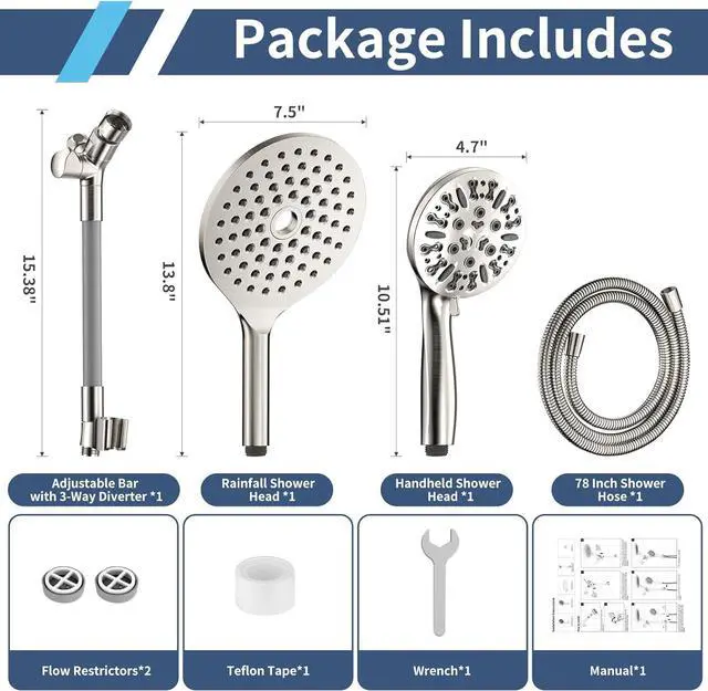 Alt view image 2 of 7 - KAIYING Dual Shower Heads with Handheld Spray Combo, High Pressure Modern Rain Shower Head with 9-Mode Handheld Showerhead, Double Rainfall Shower Head with 79-Inch Hose (Brushed Nickel)