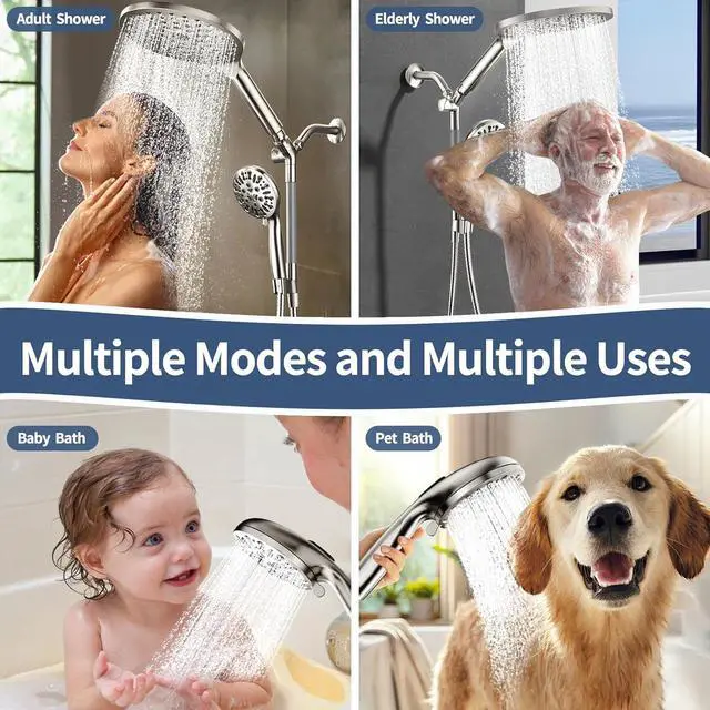 Alt view image 3 of 7 - KAIYING Dual Shower Heads with Handheld Spray Combo, High Pressure Modern Rain Shower Head with 9-Mode Handheld Showerhead, Double Rainfall Shower Head with 79-Inch Hose (Brushed Nickel)