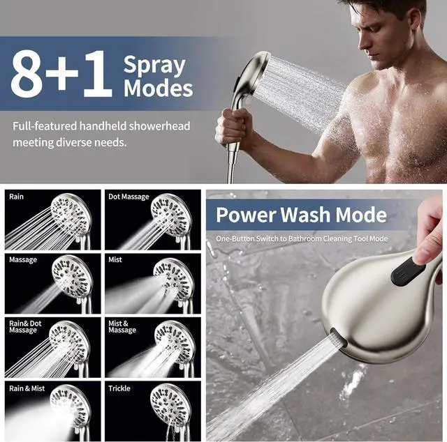 Alt view image 6 of 7 - KAIYING Dual Shower Heads with Handheld Spray Combo, High Pressure Modern Rain Shower Head with 9-Mode Handheld Showerhead, Double Rainfall Shower Head with 79-Inch Hose (Brushed Nickel)