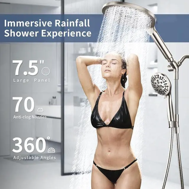Alt view image 5 of 7 - KAIYING Dual Shower Heads with Handheld Spray Combo, High Pressure Modern Rain Shower Head with 9-Mode Handheld Showerhead, Double Rainfall Shower Head with 79-Inch Hose (Brushed Nickel)