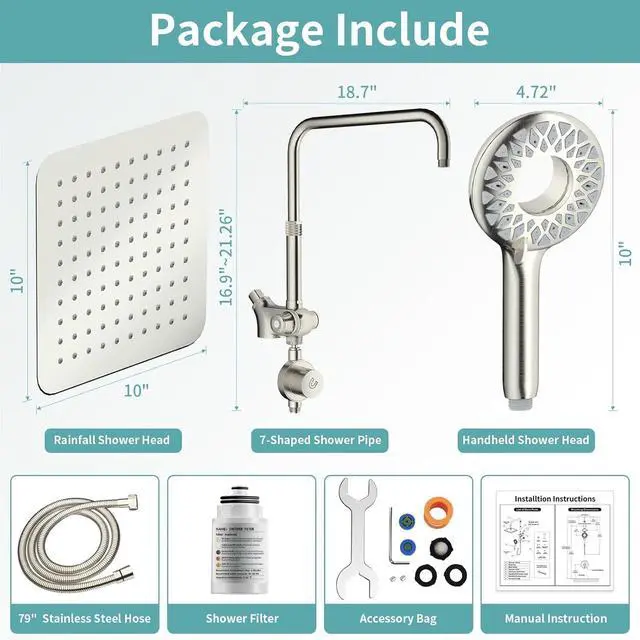 Alt view image 2 of 7 - 10" Rainfall Shower Heads with Handheld Spray Combo High Pressure, Magnetix Shower Head with Filters for Hard Water, 2 in 1 Dual Shower Head with Handheld and Slide Bar (Brushed Nickel)
