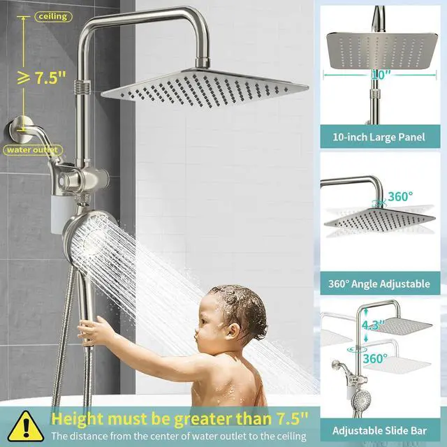 Alt view image 3 of 7 - 10" Rainfall Shower Heads with Handheld Spray Combo High Pressure, Magnetix Shower Head with Filters for Hard Water, 2 in 1 Dual Shower Head with Handheld and Slide Bar (Brushed Nickel)