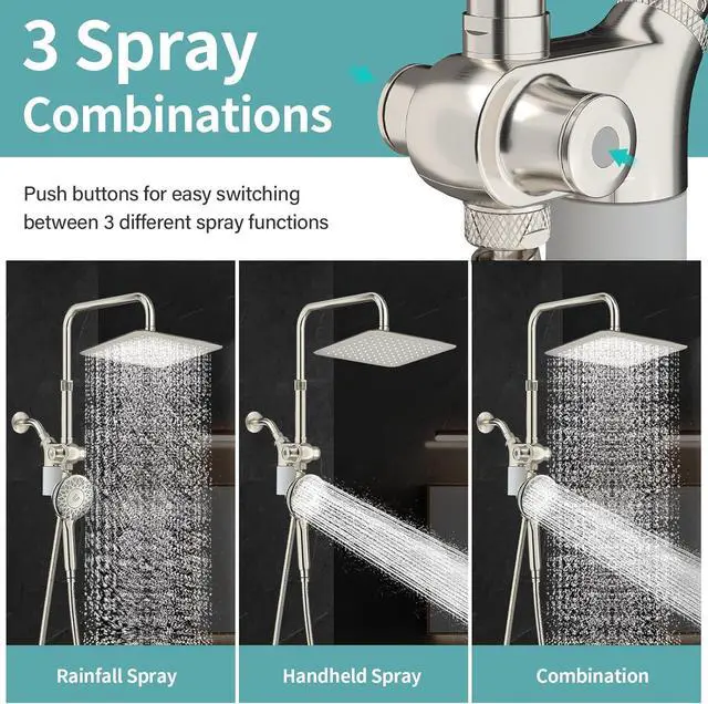 Alt view image 4 of 7 - 10" Rainfall Shower Heads with Handheld Spray Combo High Pressure, Magnetix Shower Head with Filters for Hard Water, 2 in 1 Dual Shower Head with Handheld and Slide Bar (Brushed Nickel)