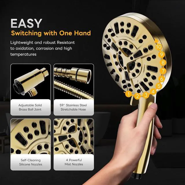 Alt view image 3 of 7 - High Pressure 10 Ways Handheld Shower Head Brushed Gold- Anti-clog Nozzles, Built-in Power Wash to Clean Tub, Wall & Overhead Brackets,Magnetitc Rainfall Shower Wand,Built-in 2 Power Jet