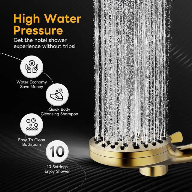 Alt view image 5 of 7 - High Pressure 10 Ways Handheld Shower Head Brushed Gold- Anti-clog Nozzles, Built-in Power Wash to Clean Tub, Wall & Overhead Brackets,Magnetitc Rainfall Shower Wand,Built-in 2 Power Jet